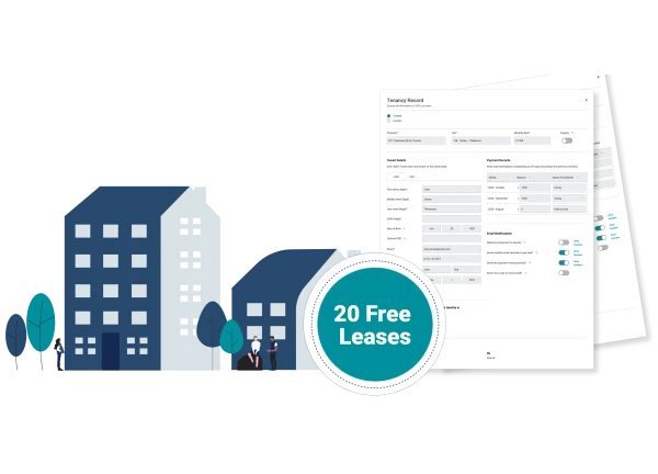 Custom FrontLobby image of an apartment and home with Alberta tenants outside and a tenant record report with a circular icon with the words "20 Free Leases" inside it. The image represents 20 free leases for new landlords and property managers starting rent reporting.