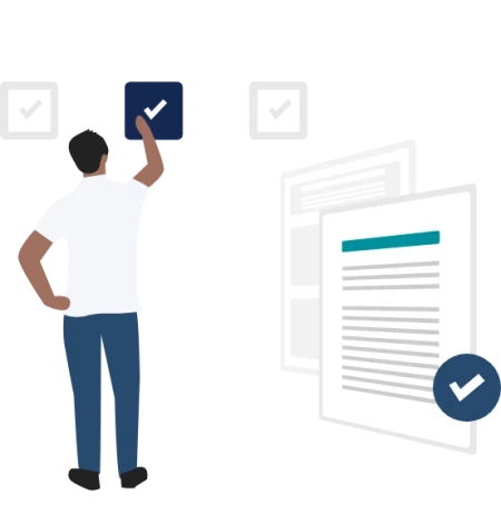 Benefits of rent reporting for British Columbia landlords and property managers. Custom FrontLobby image of landlord touching a checkmark next to rent reporting document with checkmark.