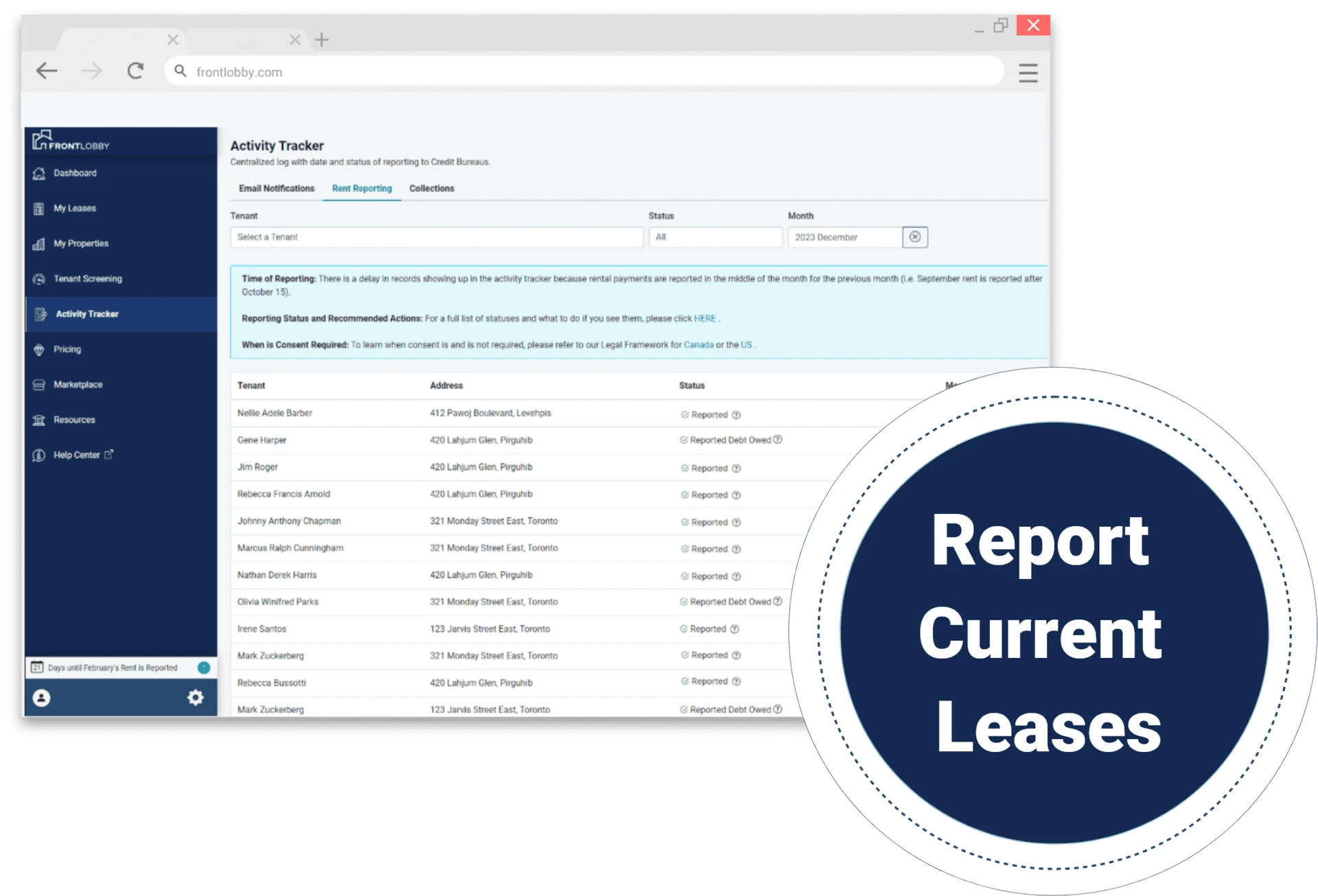 FrontLobby app dashboard screenshot of rent reporting for Virginia Landlords