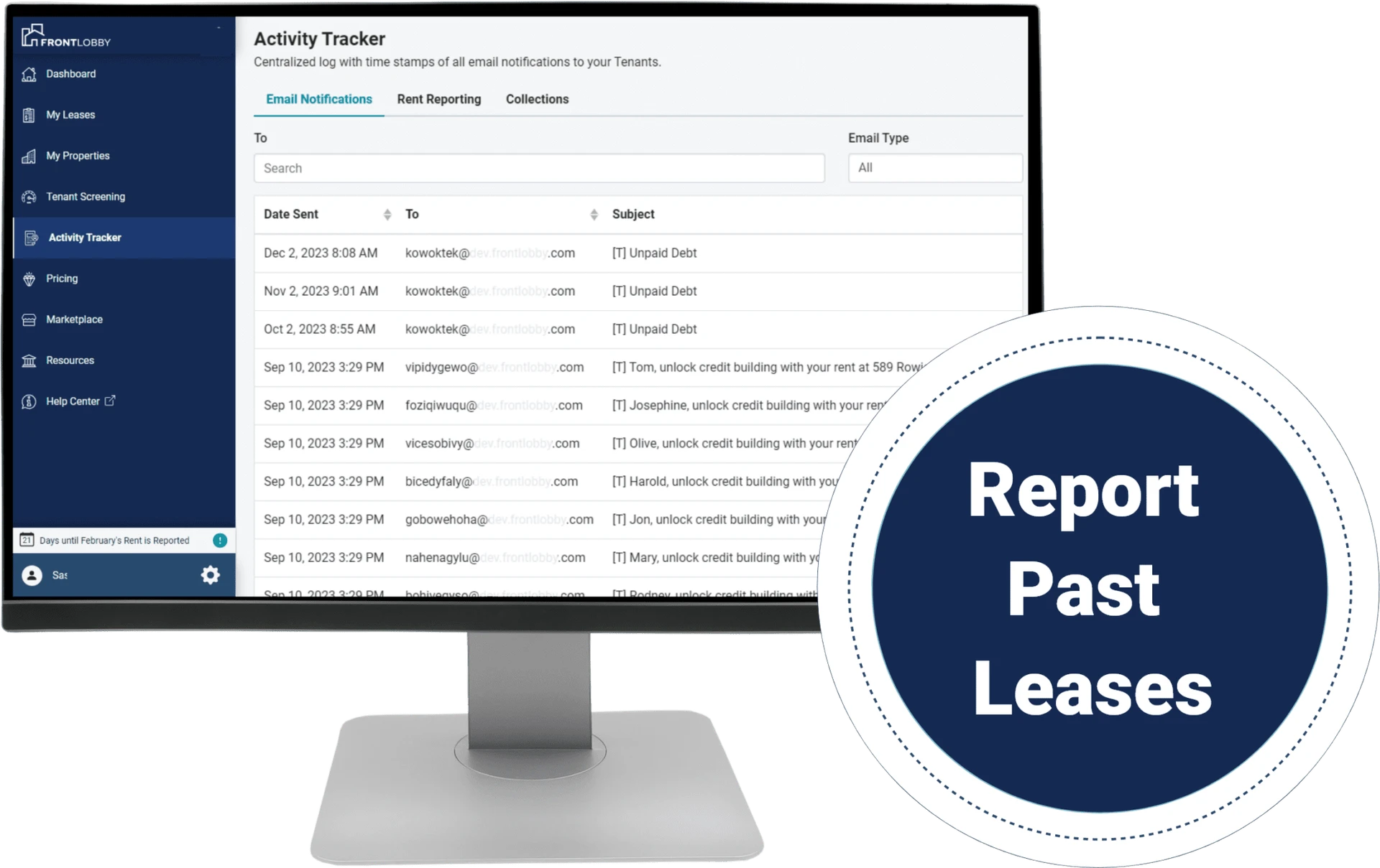 FrontLobby app dashboard screenshot of Georgia Landlords ability to report past due lease payments