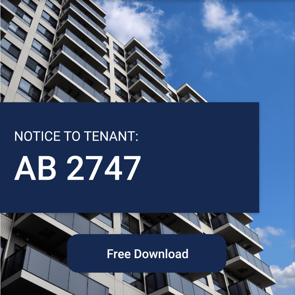 Notice to Tenant Bill AB 2747 download image with Tenant units in apartment in the background.