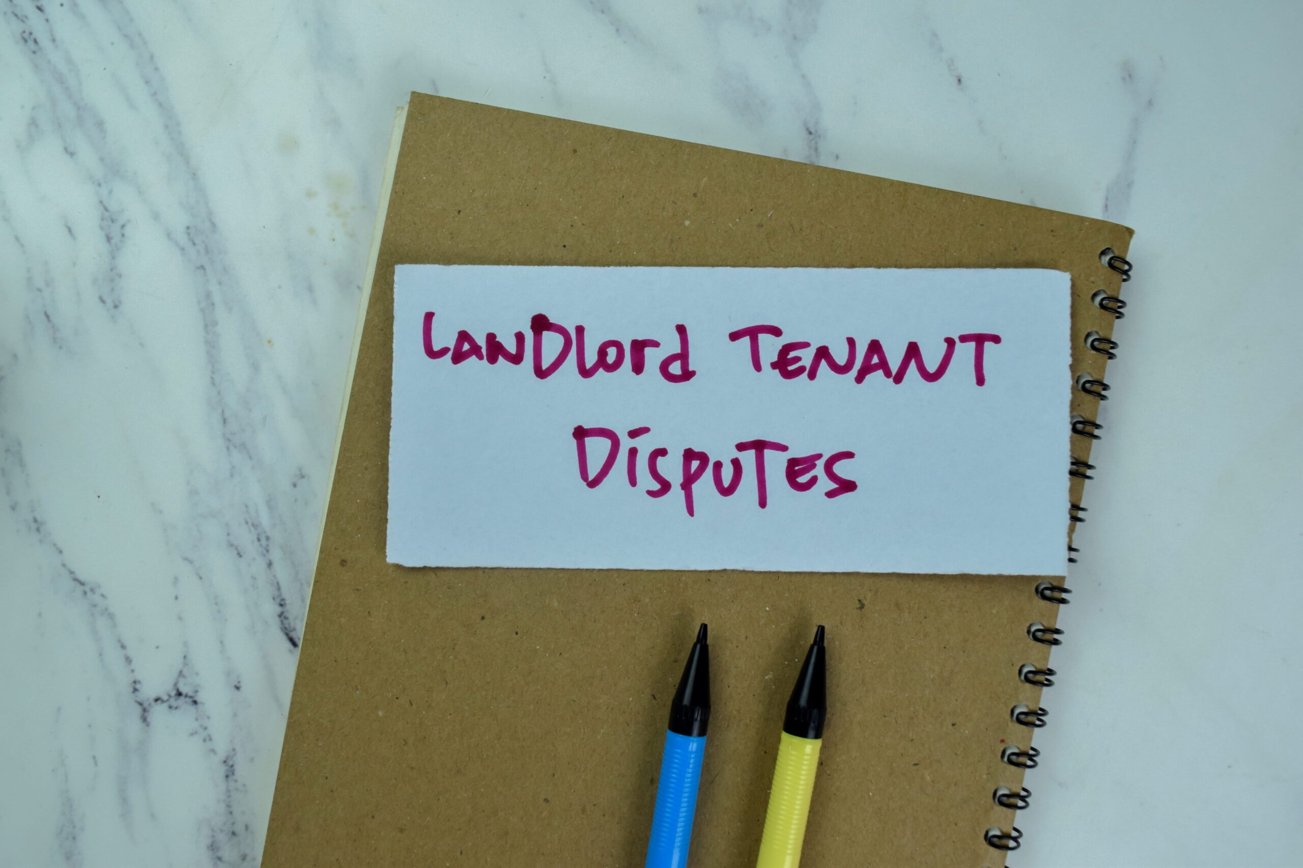 Landlord Tenant Disputes written on paper over notebook to represent documentation of issues.