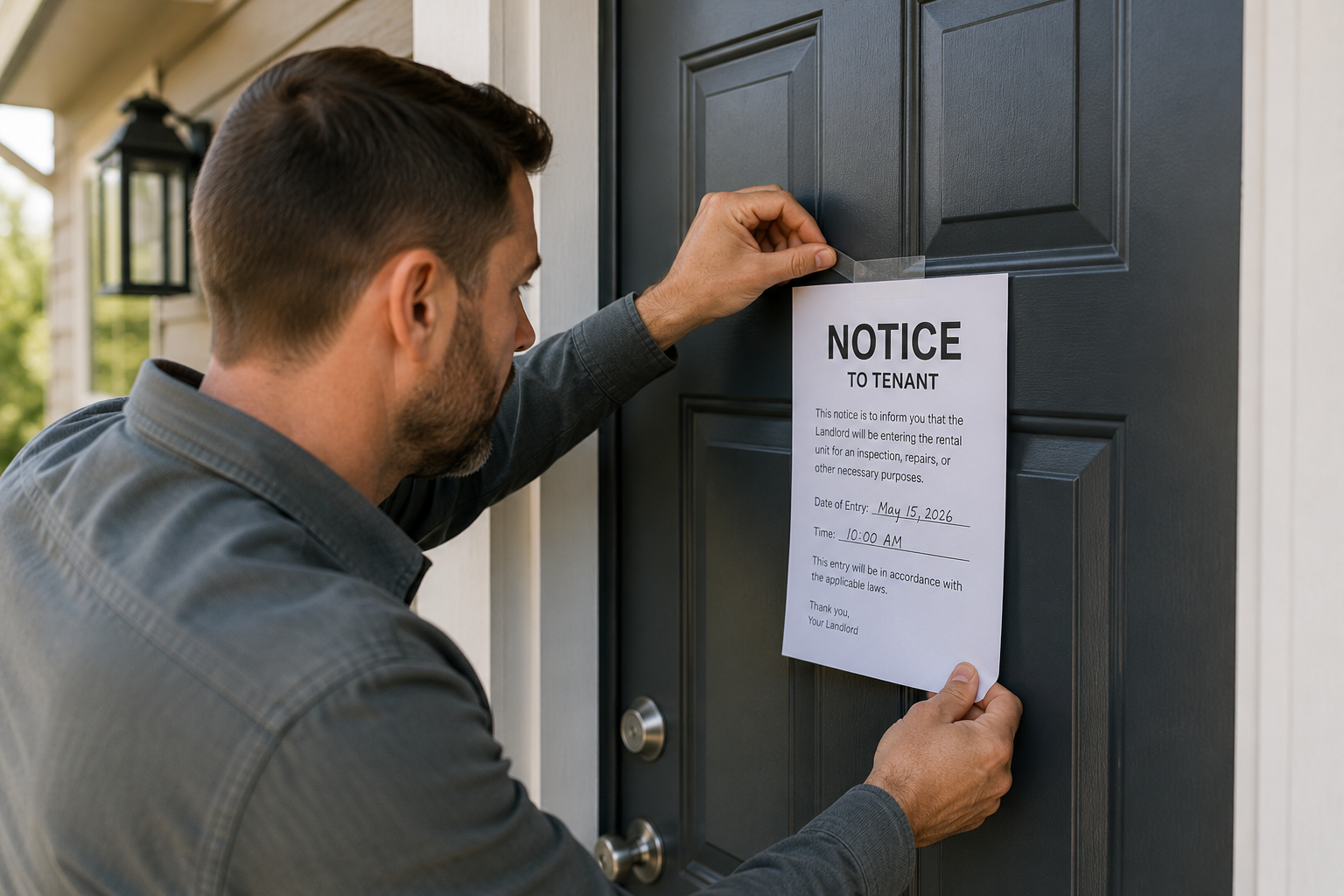 Landlord hanging a notice of eviction on Tenant occupied property.