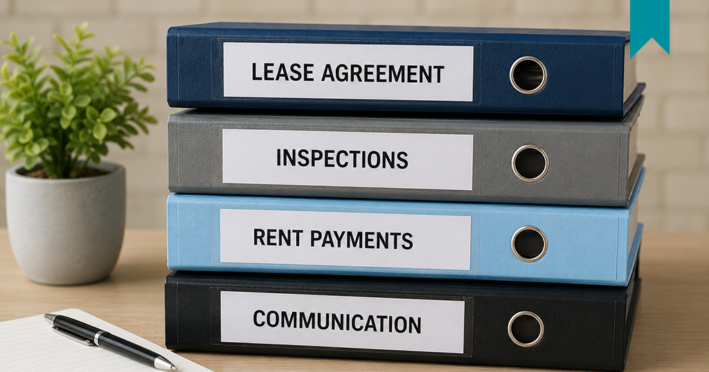 Stacked binders labeled lease agreement, inspections, rent payments, and communication for organized rental management.