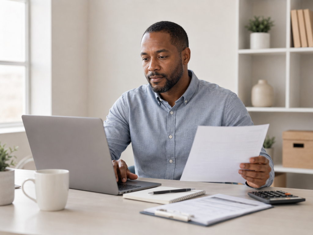 Black male Landlord reporting rent.