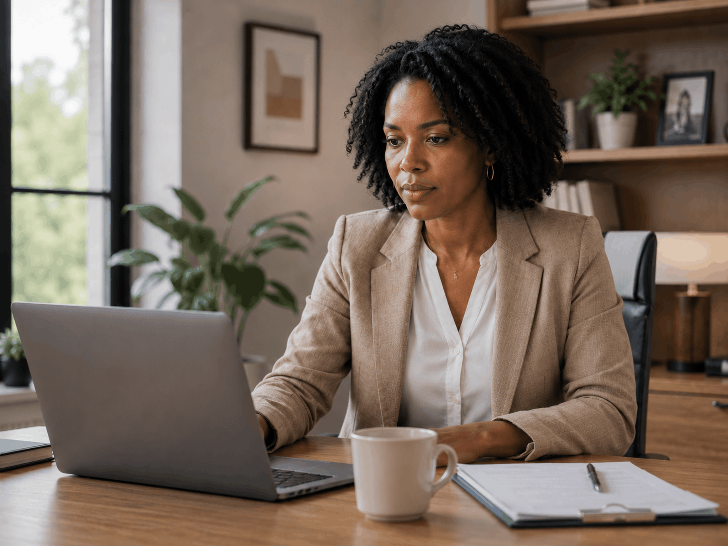 Female landlord reading LTB announcement on laptop in office.