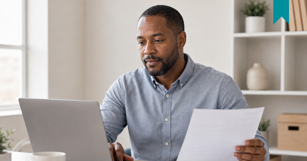 Black male Florida Landlord reporting unpaid rent to Credit Bureaus with FrontLobby. Teal ribbon in upper right hand corner.
