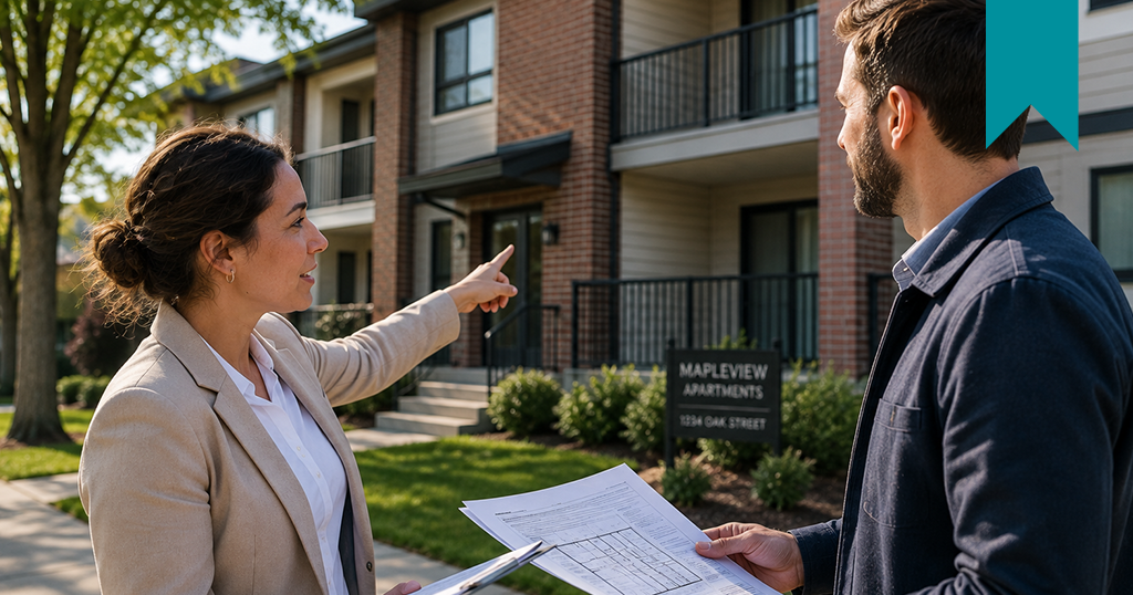 Property Manager showing a prospective Tenant an apartment building during a rental property tour.