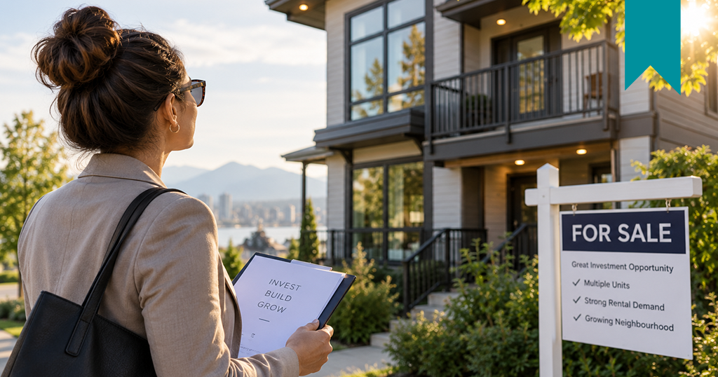 Female real estate investor looking at a property for sale from outside.