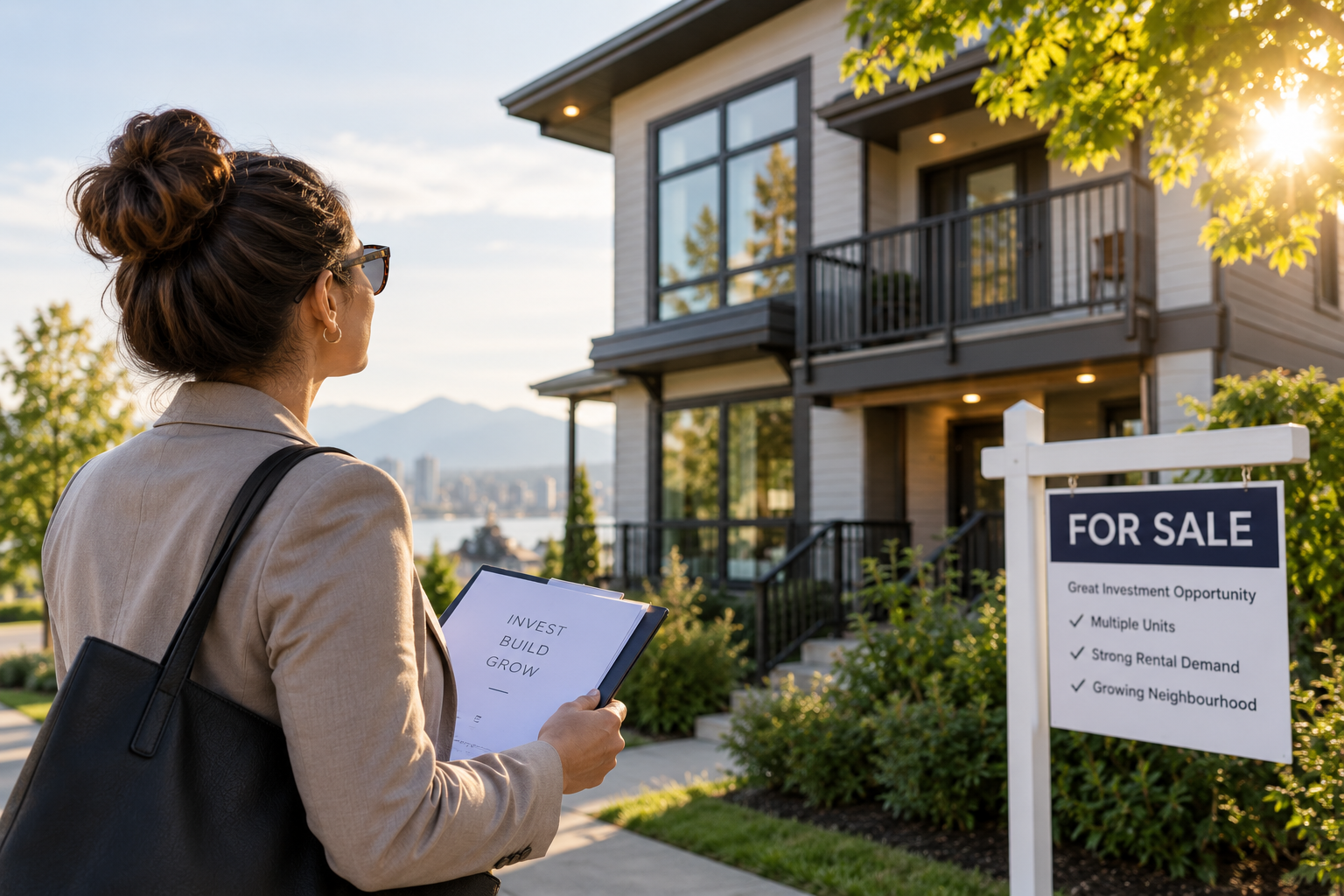 Female real estate investor looking at a property for sale.
