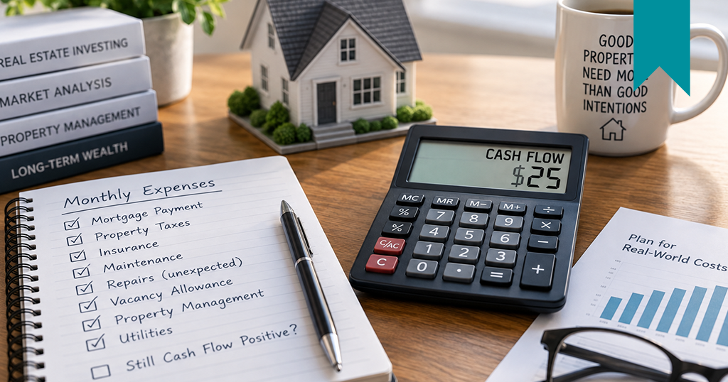 Real estate investment planning workspace with a model home, monthly property expense checklist, calculator, and cash flow analysis.