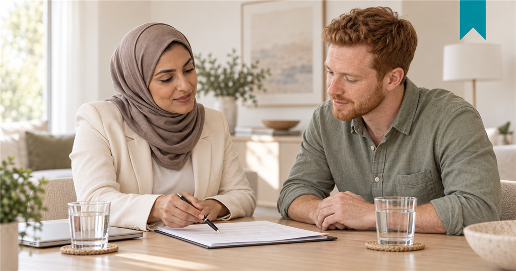 Housing Provider and Tenant calmly review rental account paperwork together at a table.