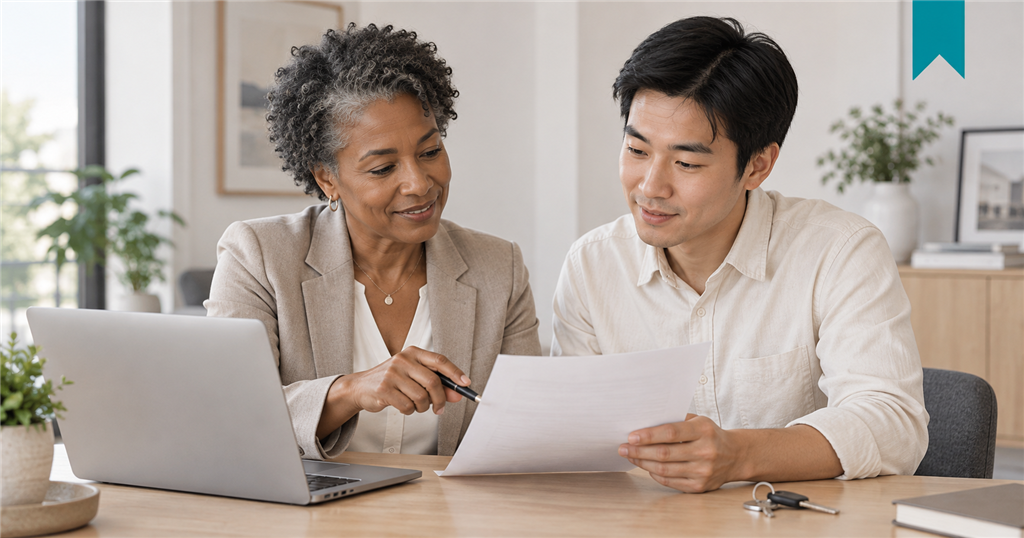 A Landlord and Tenant review rental payment records together at a table.