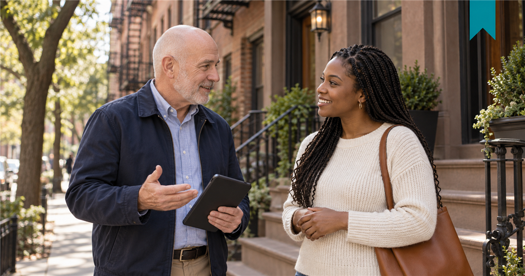 Housing Provider holding a tablet speaks with a Tenant outside a New York apartment building.