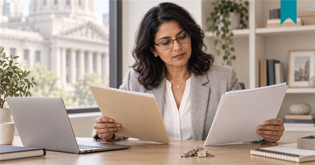 A woman comparing rental records beside a laptop and keys.