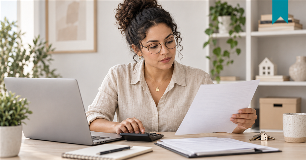 Landlord reviews payment records with a calculator and laptop before reporting missed rent in New York.