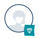 Custom icon image of happy female British Columbia tenant with diamond image in right corner of circle representing tenant that is rent reporting.