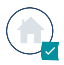 Custom FrontLobby ongoing assurance home icon with checkmark in right corner of circle representing rent reporting assurance for British Columbia landlords.