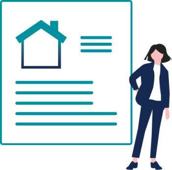 Cartoon Woman next to paper with house on it representing tenant screening services